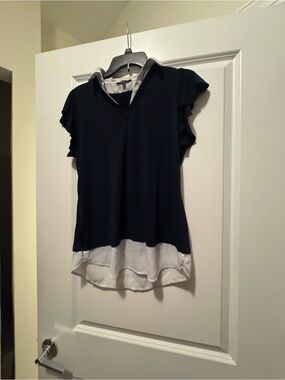 Adrianna Papell Navy Top with White Layered Hem and Collar